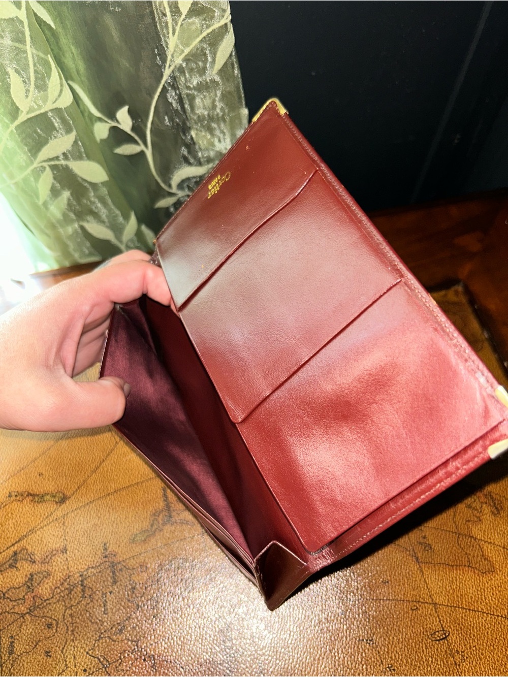 Vintage Cartier Bordeaux Burgundy Leather Long Wallet with Gold Corners -EUC- - Picture 12 of 16